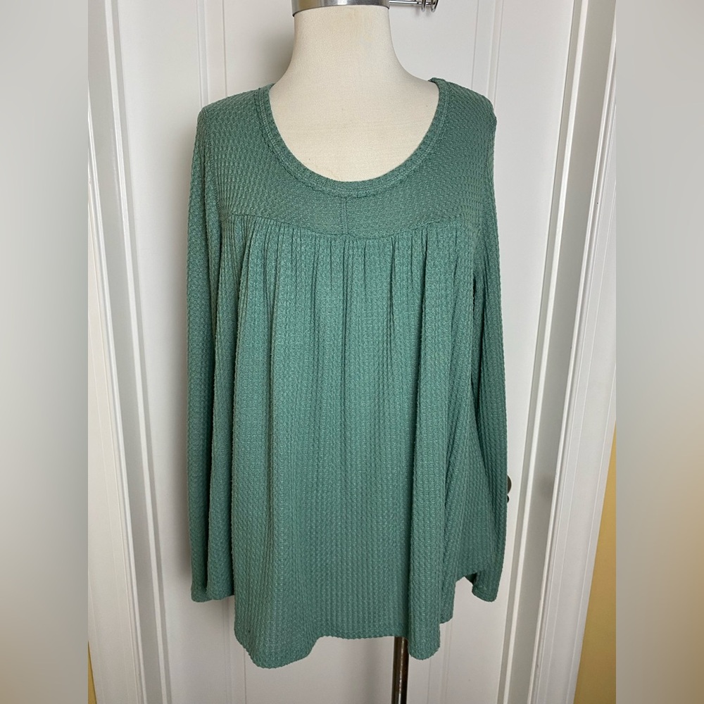 Eri+ Ali Anthropologie Teal Green Thermal LS Top Relaxed Babydoll Fit Large